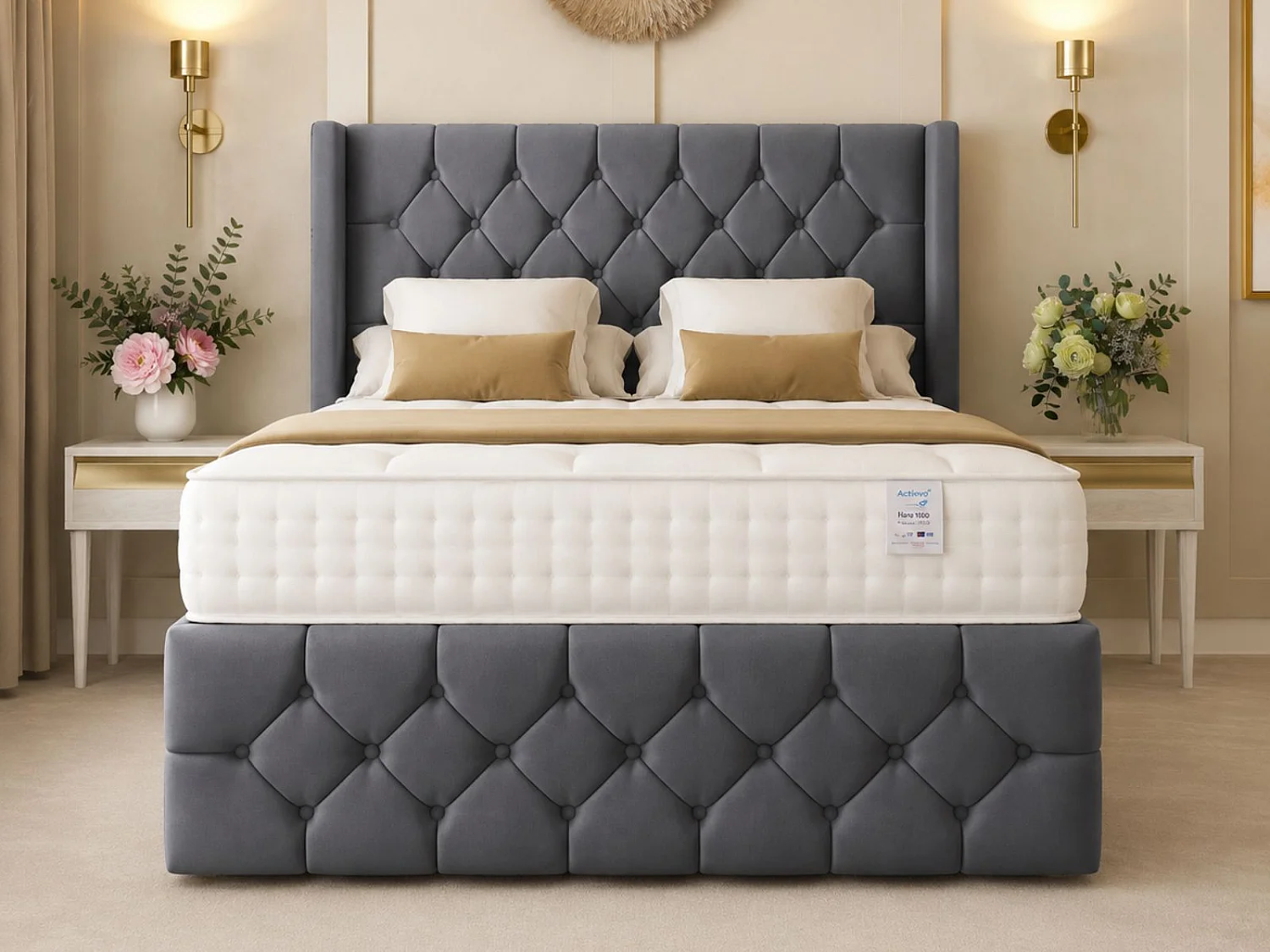 Deluxe Ottoman Upholstered Divan Bed with 54" Headboard (Dark Grey) - 135 x 190 cm