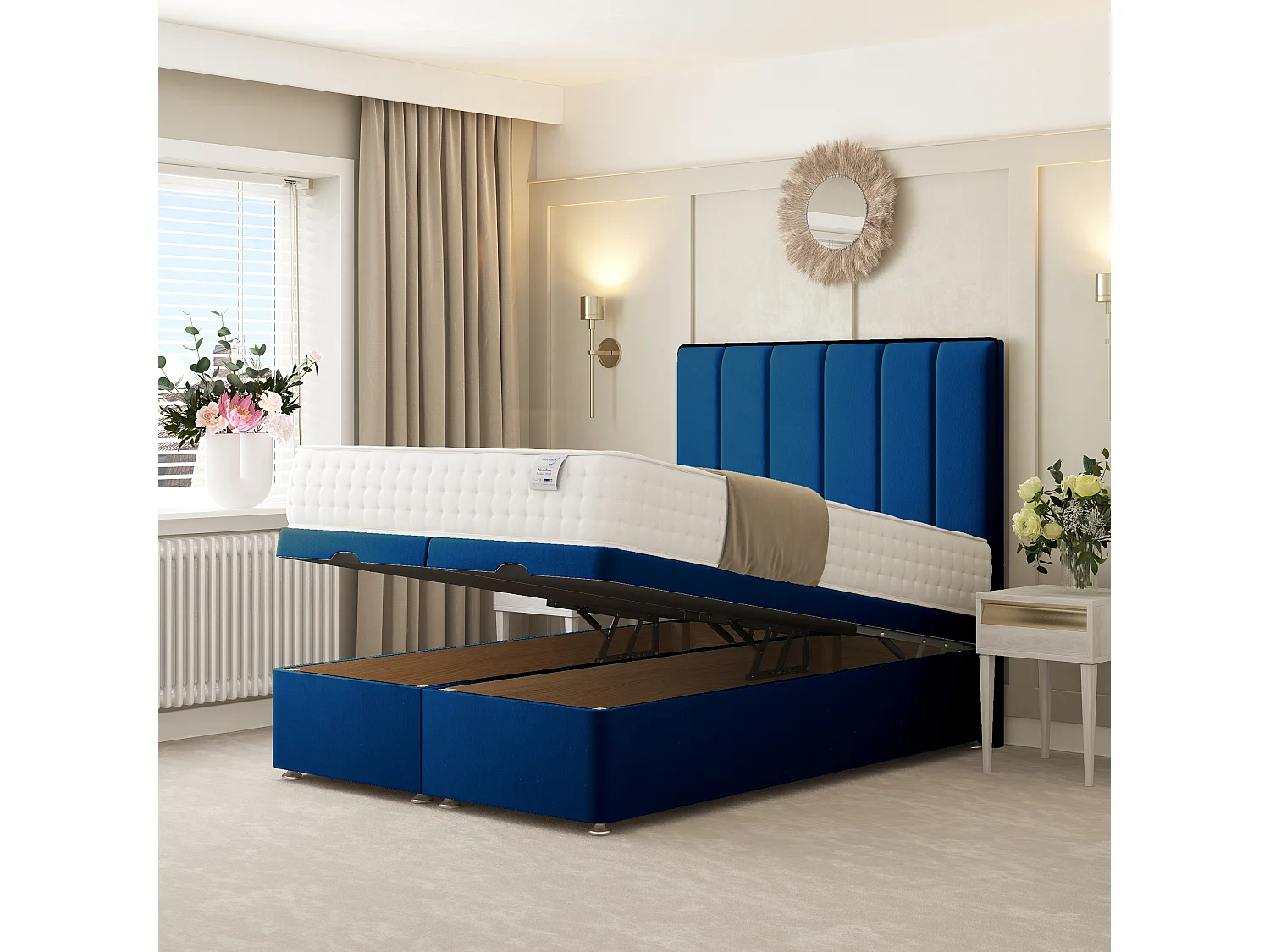 Herringbone Ottoman Upholstered Divan with 54" Headboard (Blue) - 135 x 190 cm