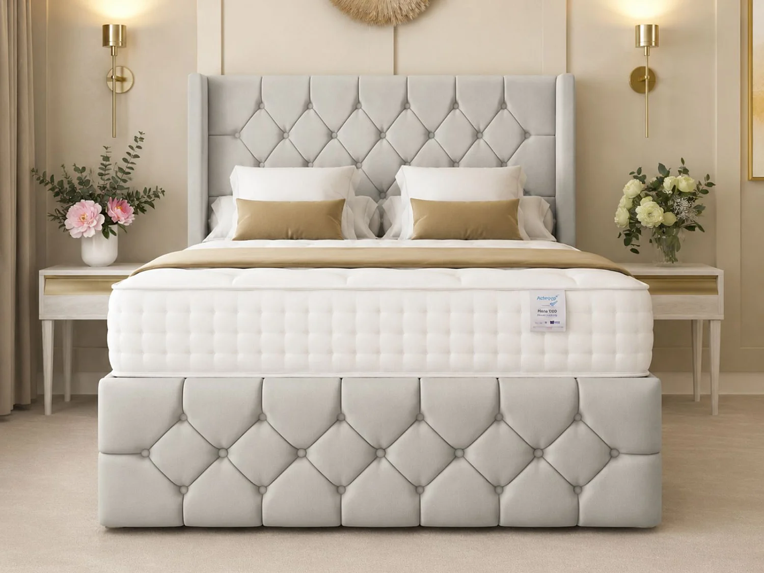 Deluxe Ottoman Upholstered Divan Bed with 54" Headboard (Silver) - 120 x 190 cm