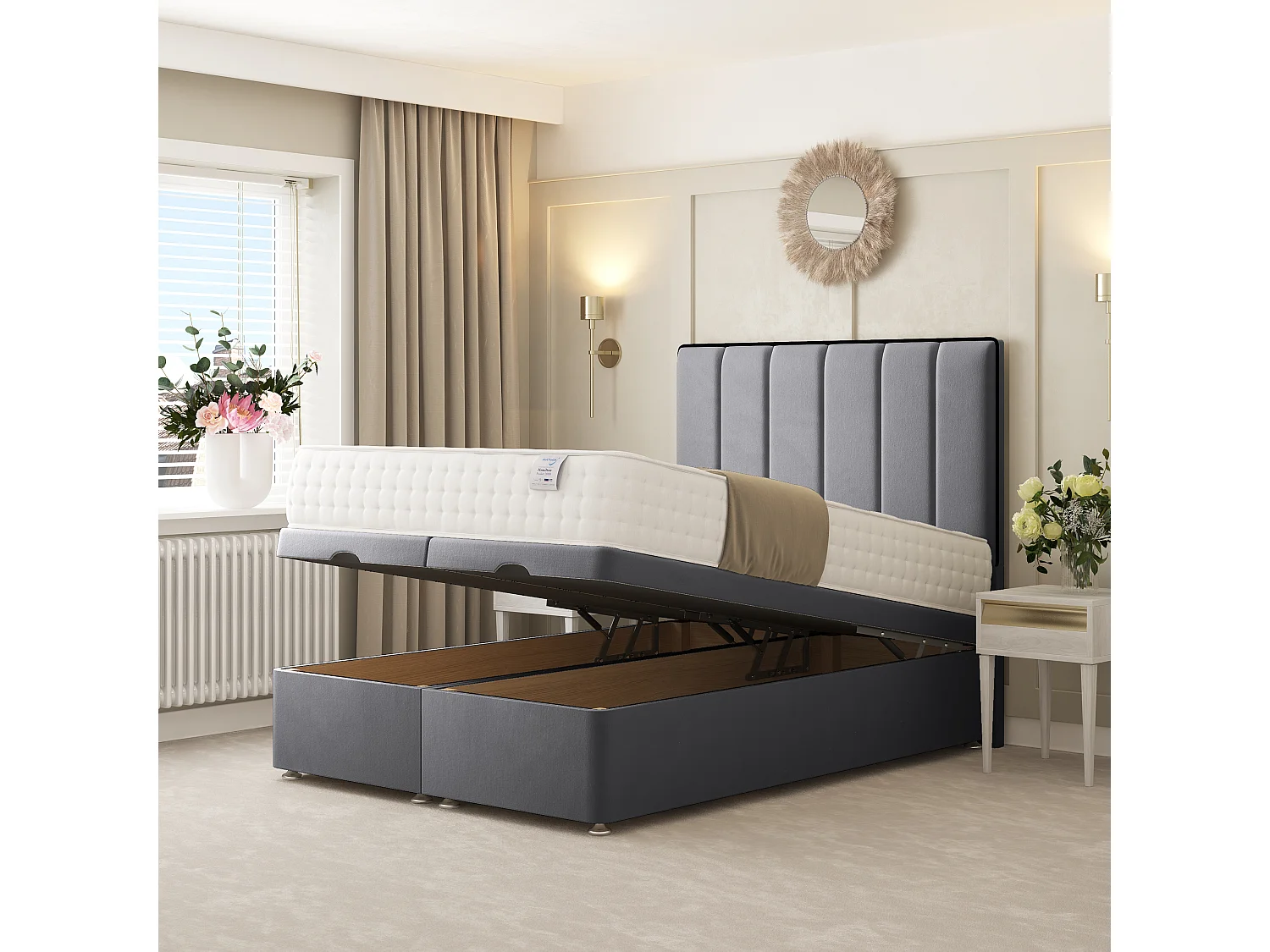 Herringbone Ottoman Upholstered Divan with 54" Headboard (Grey) - 135 x 190 cm