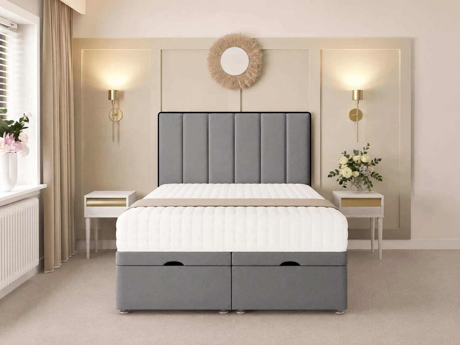 Herringbone Ottoman Upholstered Divan with 54" Headboard (Grey) - 135 x 190 cm