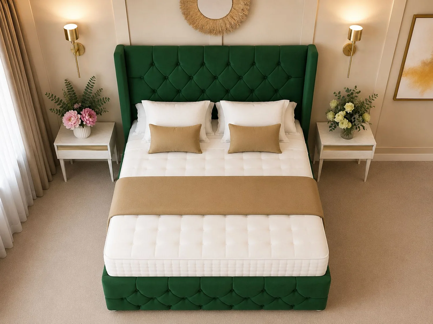 Deluxe Ottoman Upholstered Divan Bed with 54" Headboard (Green) - 135 x 190 cm