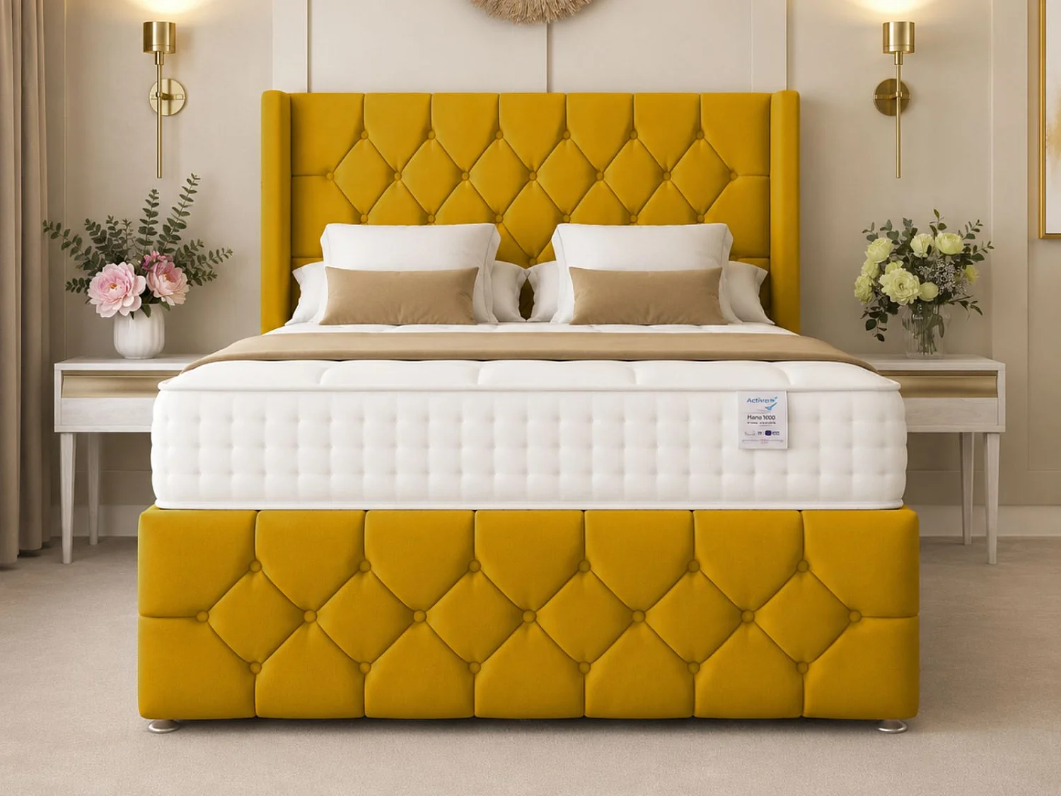 Deluxe Ottoman Upholstered Divan Bed with 54" Headboard (Mustard) - 135 x 190 cm