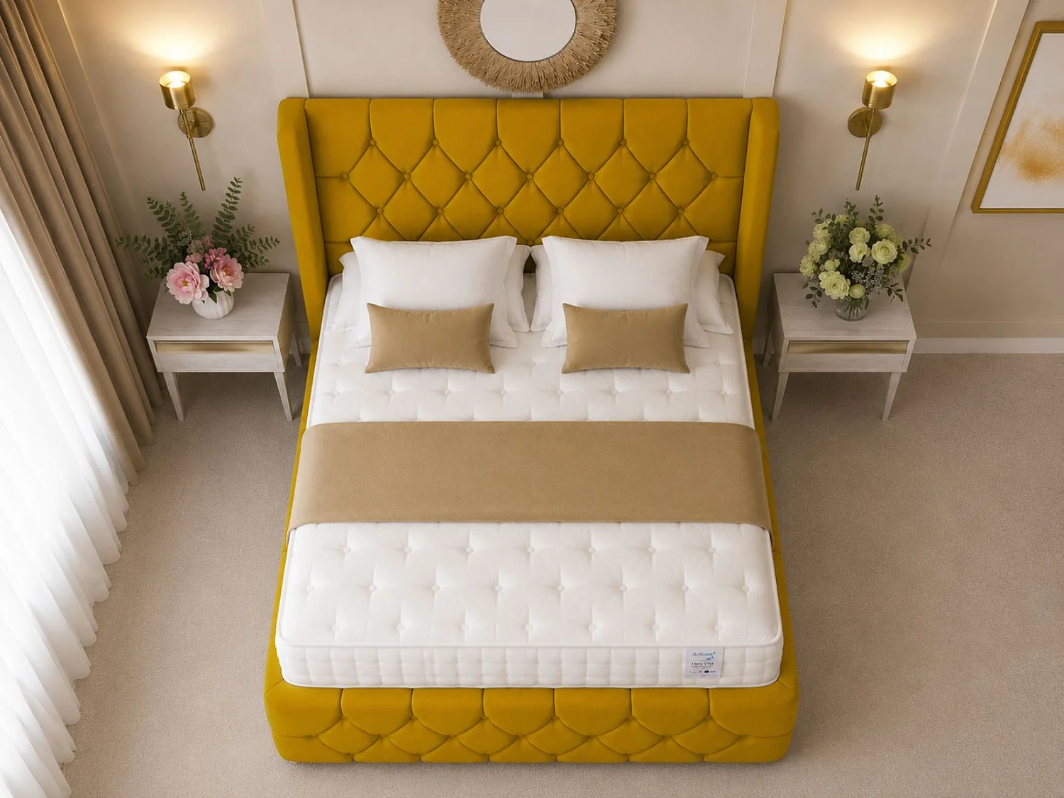 Deluxe Ottoman Upholstered Divan Bed with 54" Headboard (Mustard) - 135 x 190 cm