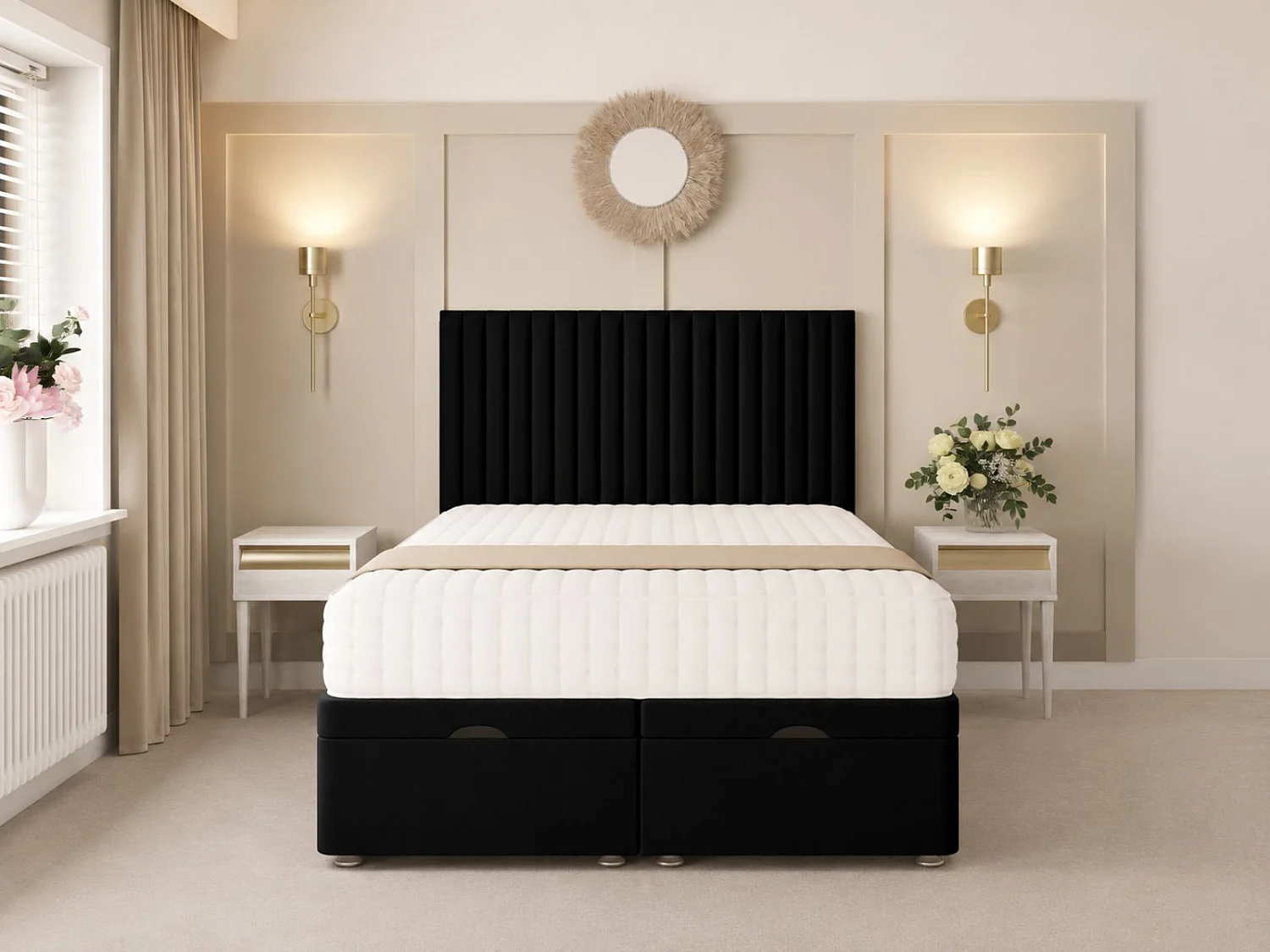 Khloe Ottoman Upholstered Divan Bed with 54" Headboard (Black) - 135 x 190 cm