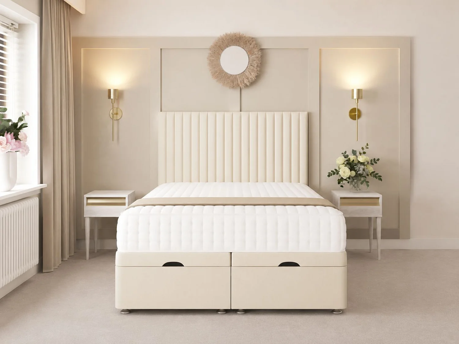 Khloe Ottoman Upholstered Divan Bed with 54" Headboard (Cream) - 135 x 190 cm