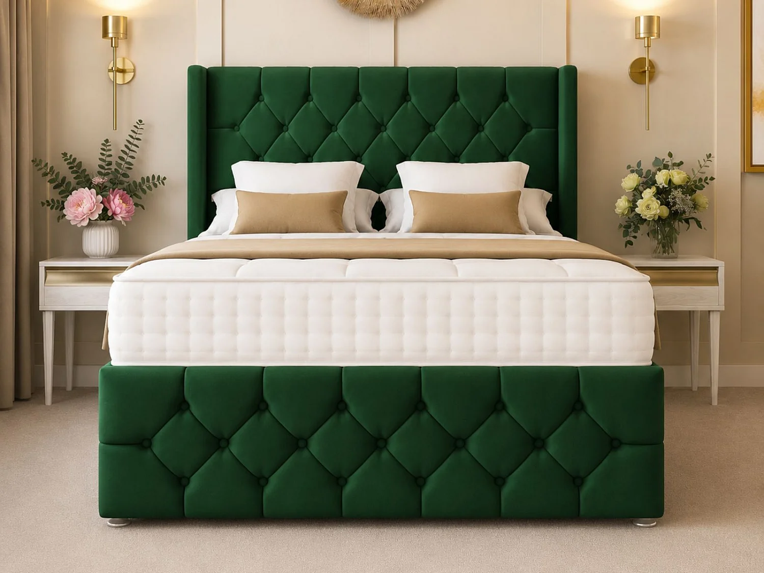 Deluxe Ottoman Upholstered Divan Bed with 54" Headboard (Green) - 120 x 190 cm