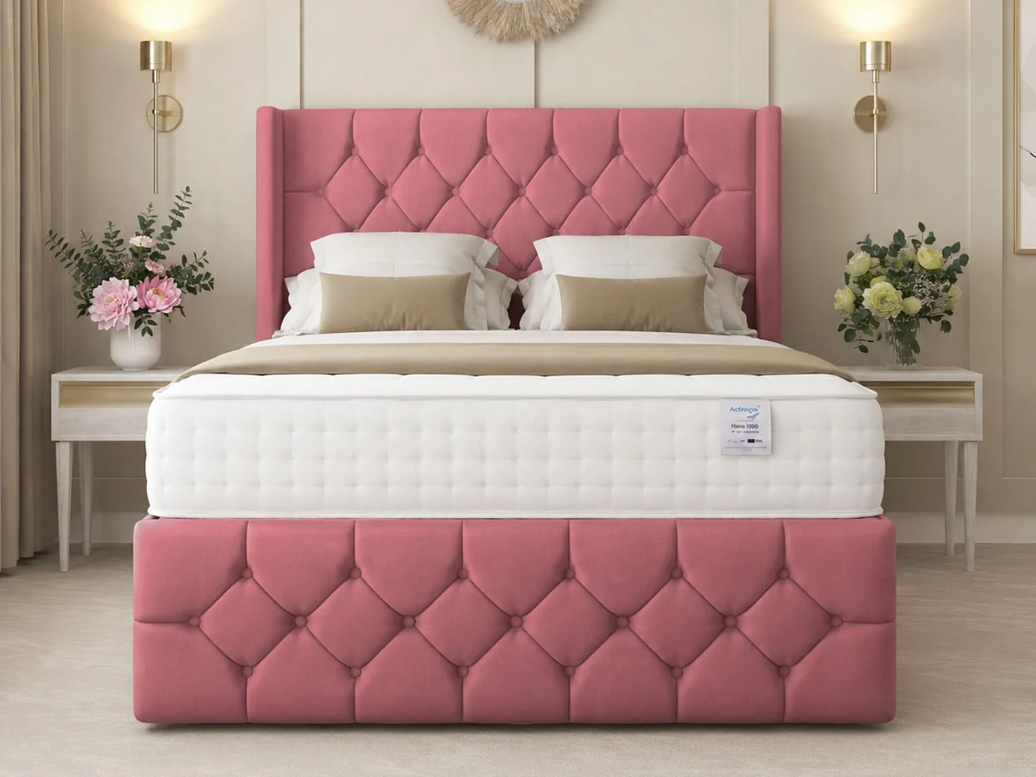 Deluxe Ottoman Upholstered Divan Bed with 54" Headboard (Pink) - 135 x 200 cm