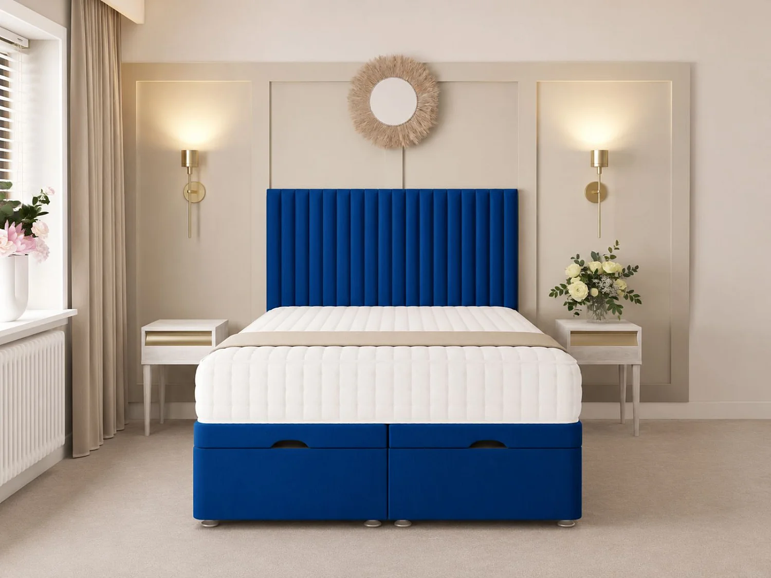 Khloe Ottoman Upholstered Divan Bed with 54" Headboard (Blue) - 135 x 190 cm