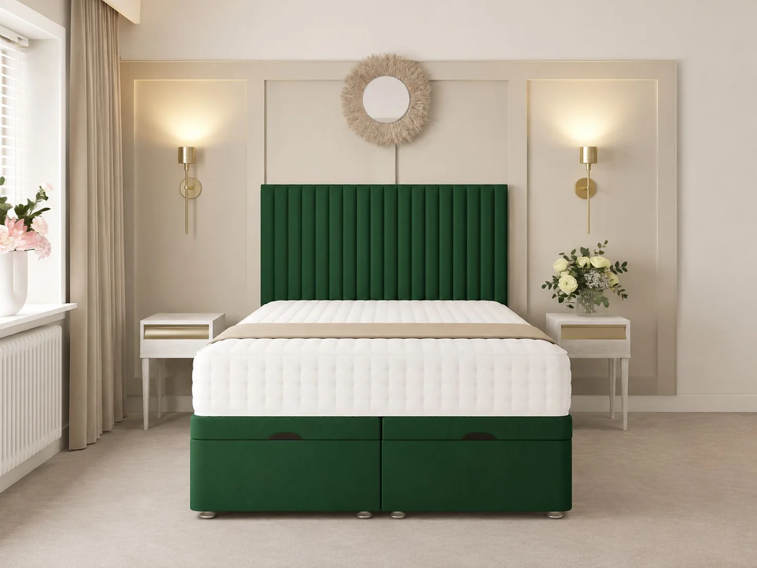 Khloe Ottoman Upholstered Divan Bed with 54" Headboard (Green) - 135 x 190 cm