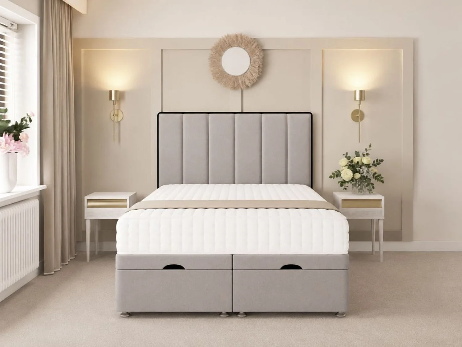 Herringbone Ottoman Upholstered Divan with 54" Headboard (Light Grey) - 135 x 190 cm
