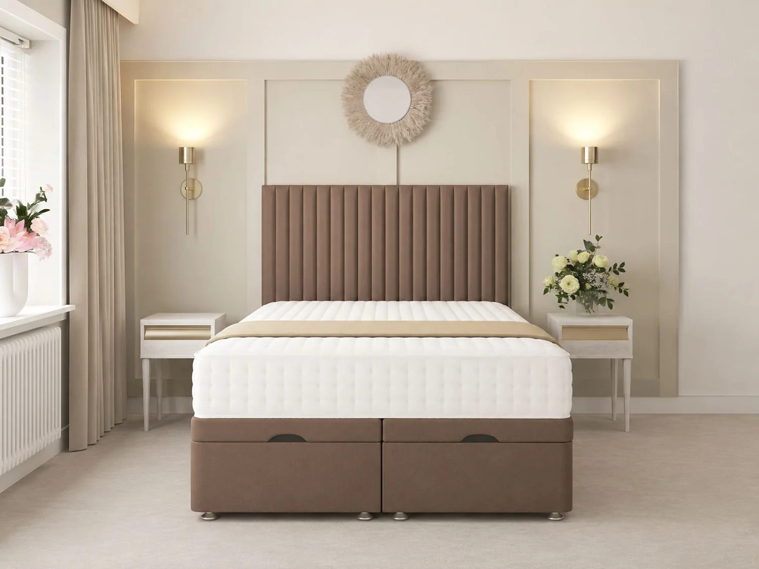 Khloe Ottoman Upholstered Divan Bed with 54" Headboard (Taupe) - 135 x 190 cm