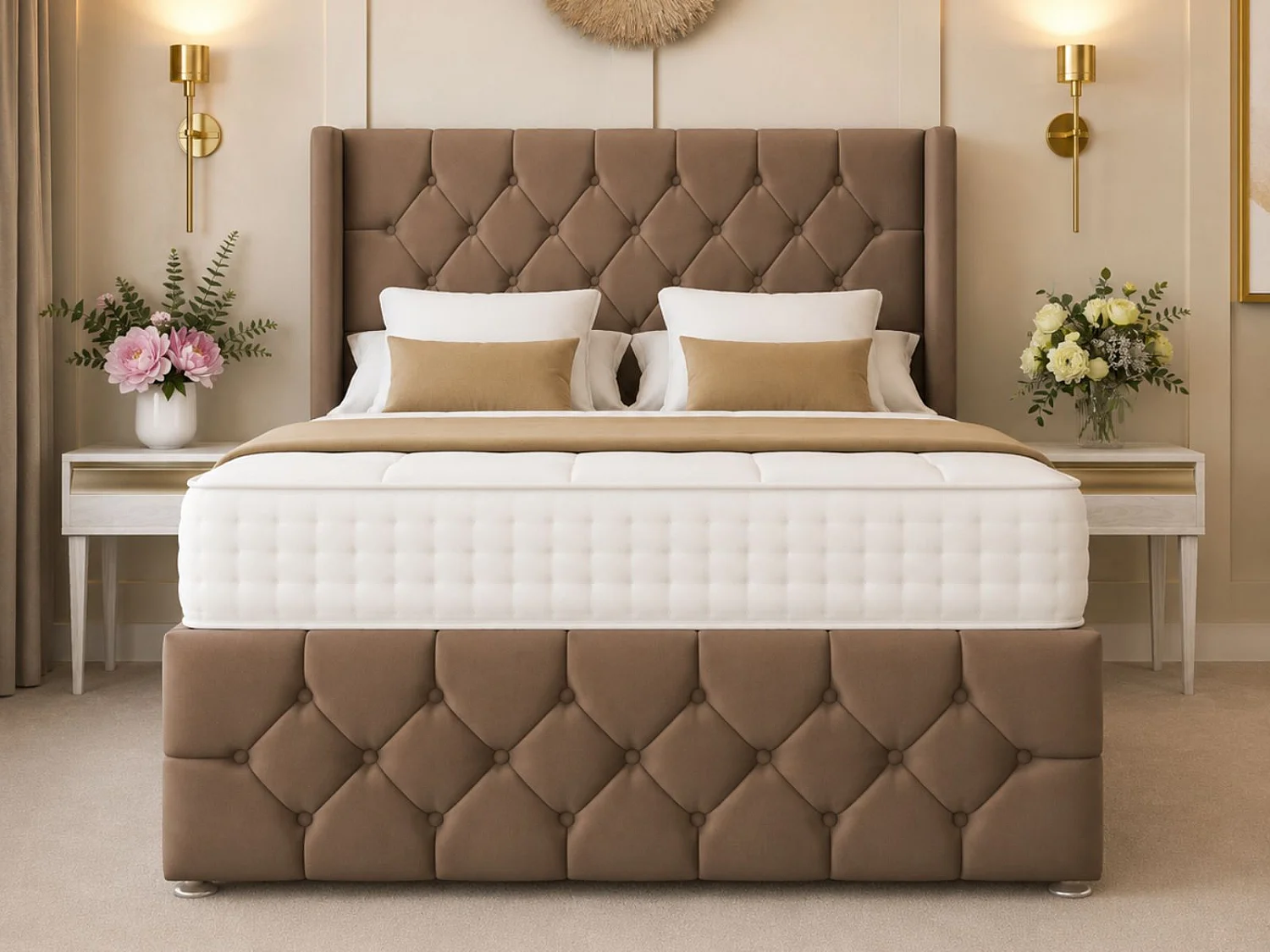 Deluxe Ottoman Upholstered Divan Bed with 54" Headboard (Taupe) - 135 x 190 cm