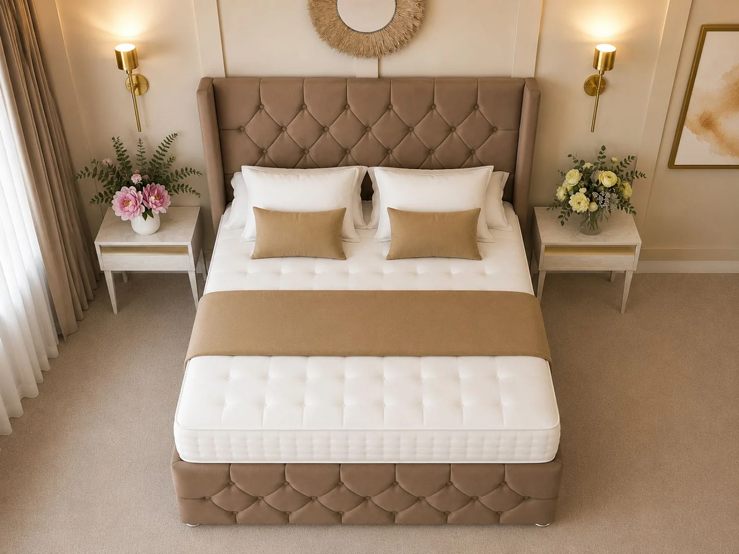 Deluxe Ottoman Upholstered Divan Bed with 54" Headboard (Taupe) - 135 x 190 cm
