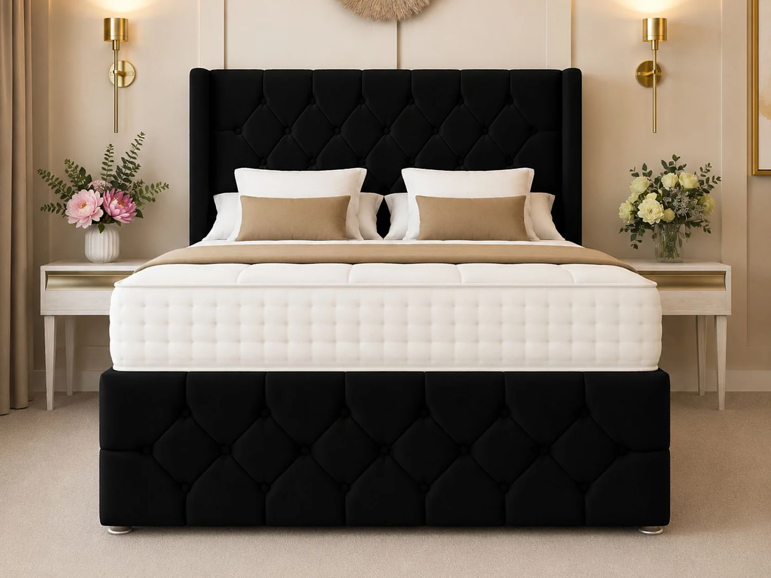 Deluxe Ottoman Upholstered Divan Bed with 54" Headboard (Black) - 180 x 200 cm