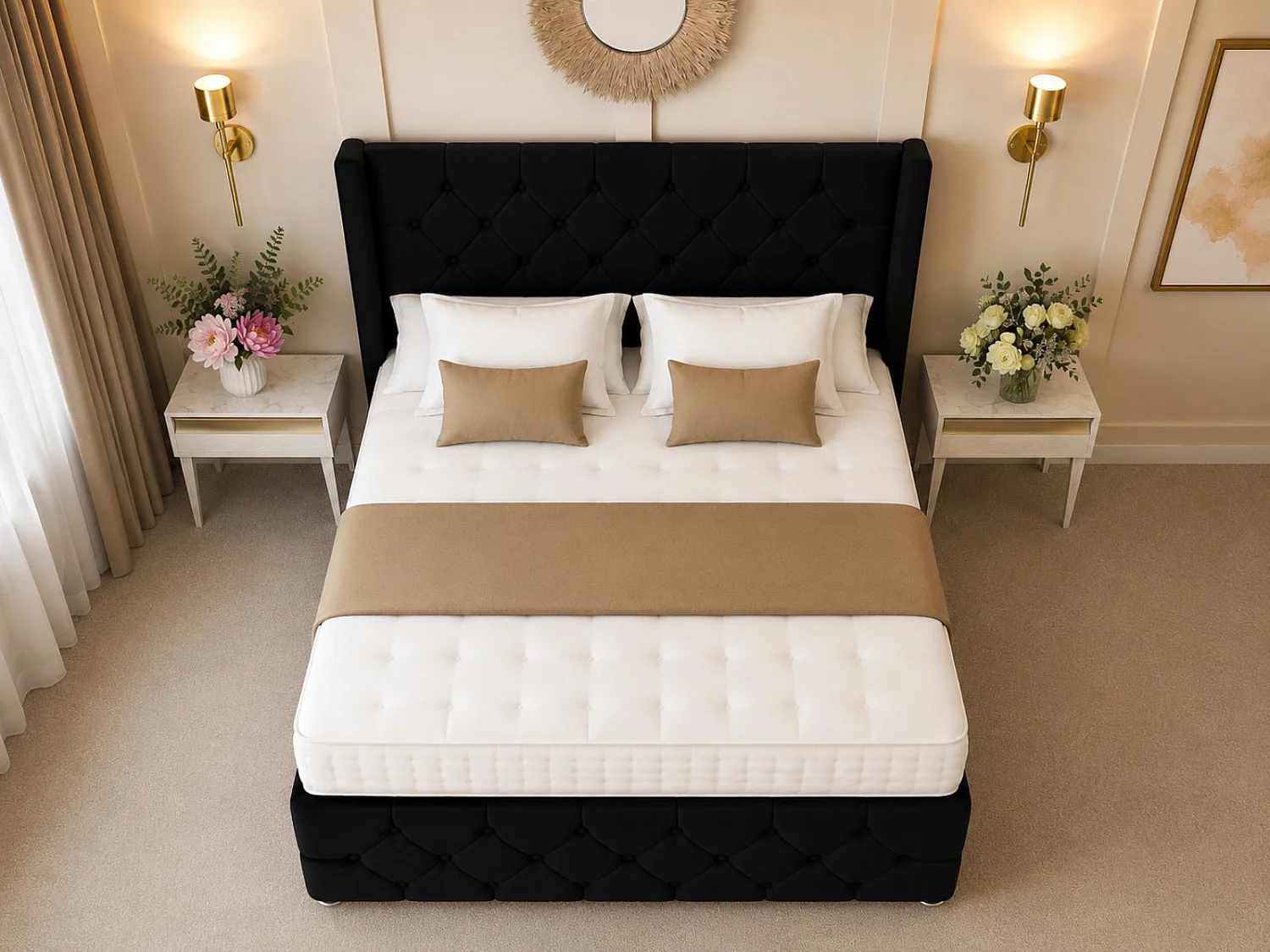 Deluxe Ottoman Upholstered Divan Bed with 54" Headboard (Black) - 120 x 190 cm