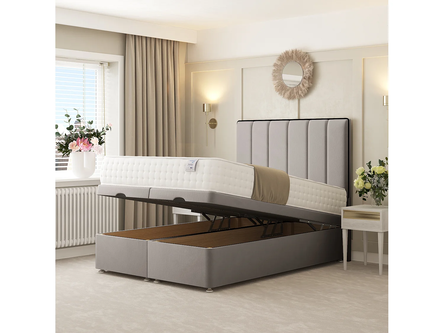 Herringbone Ottoman Upholstered Divan with 54" Headboard (Light Grey) - 180 x 200 cm