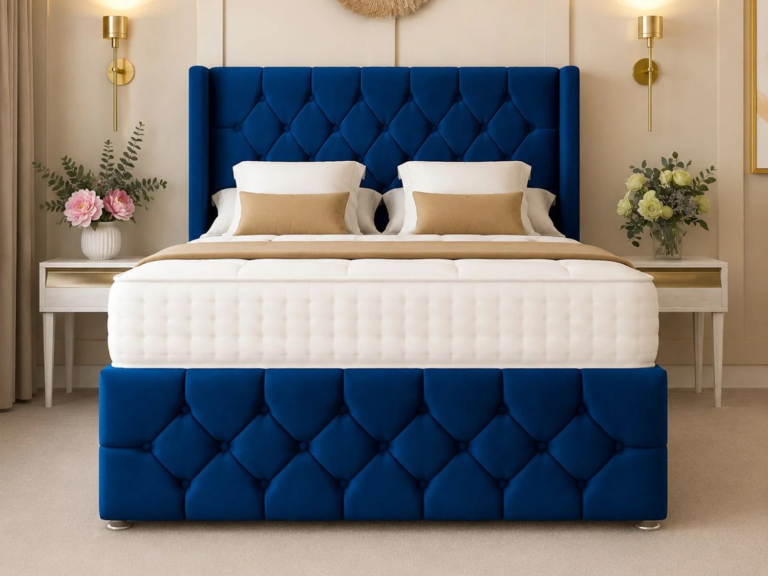 Deluxe Ottoman Upholstered Divan Bed with 54" Headboard (Blue) - 135 x 190 cm