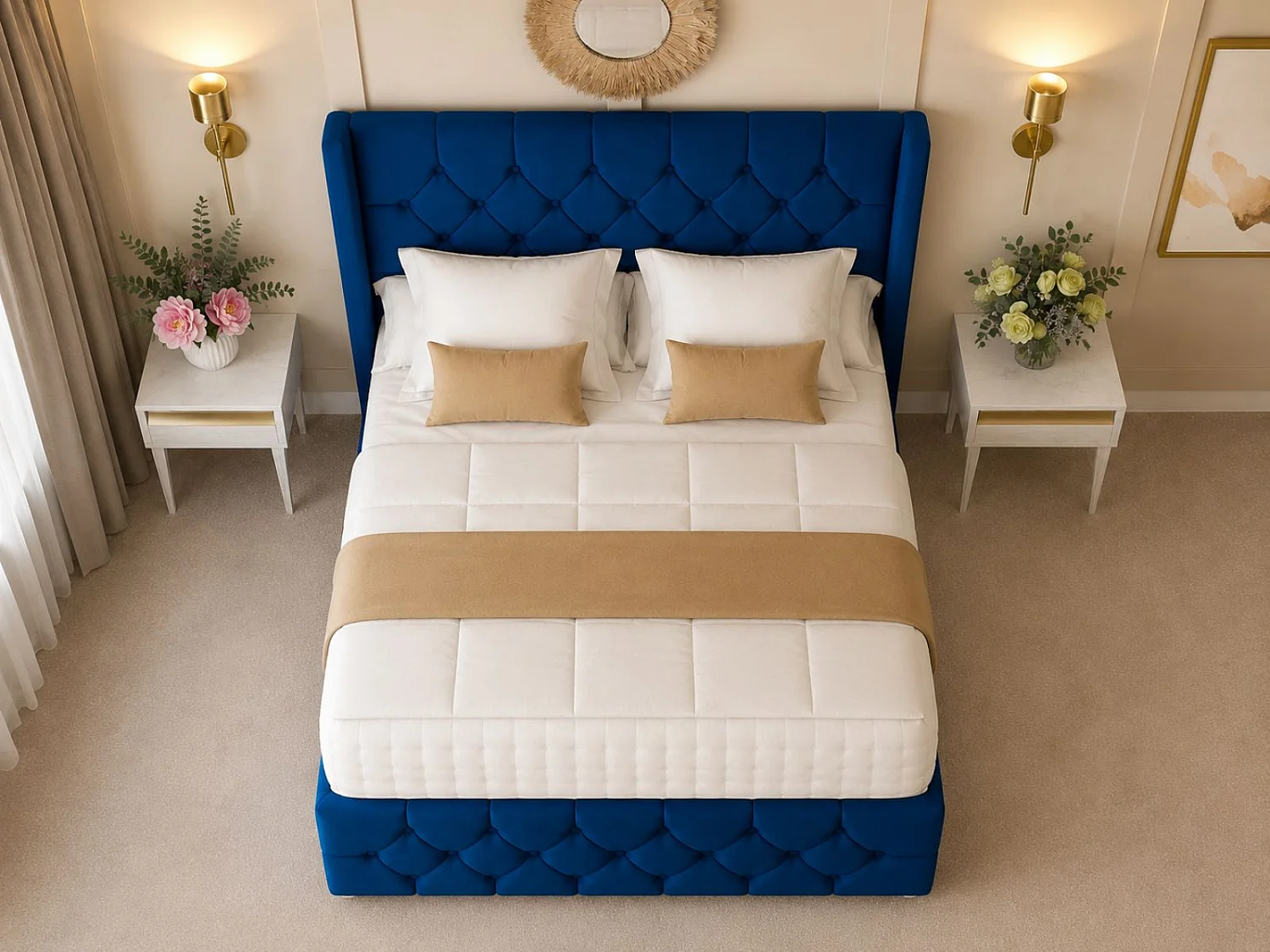 Deluxe Ottoman Upholstered Divan Bed with 54" Headboard (Blue) - 135 x 190 cm