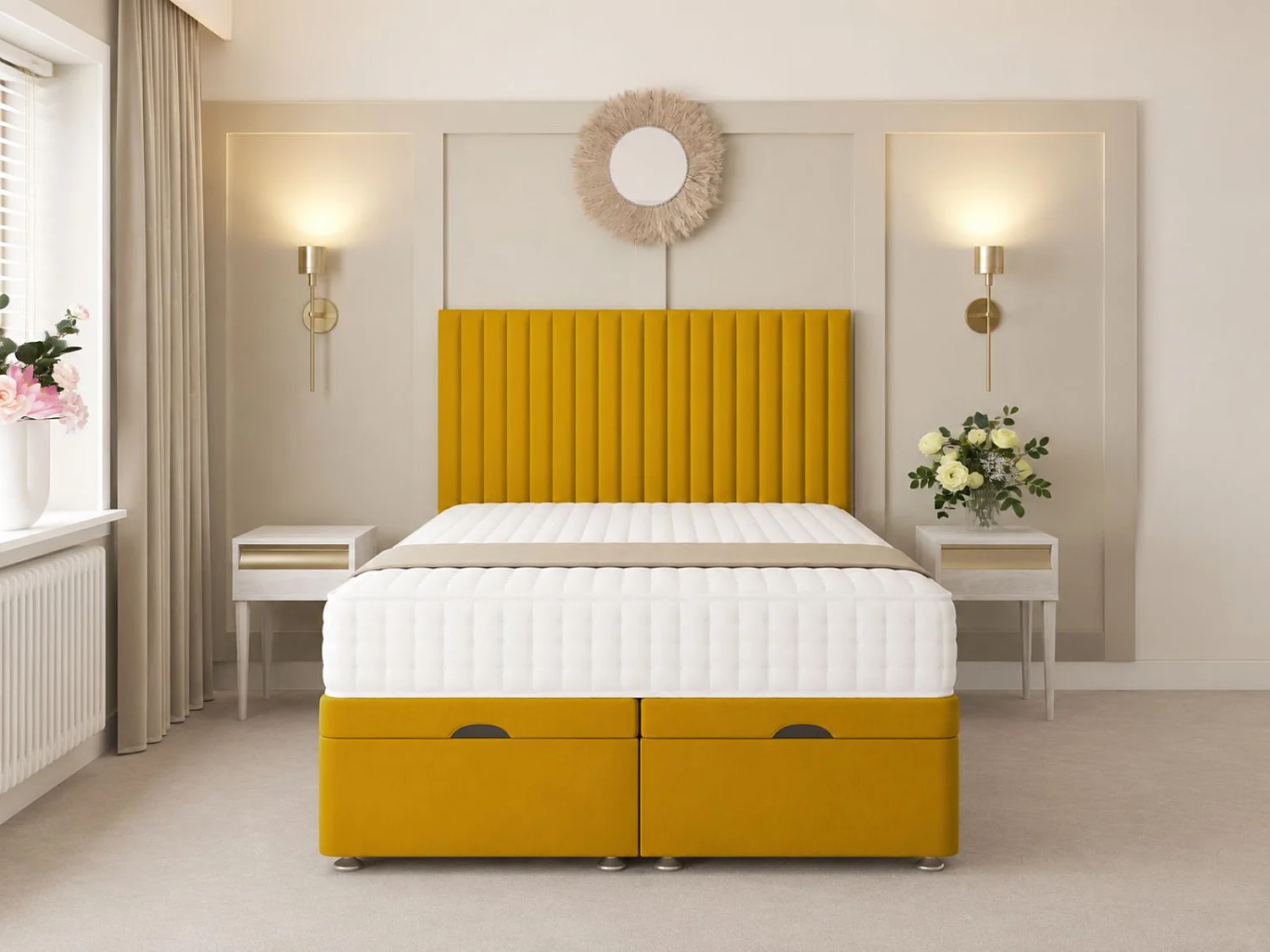 Khloe Ottoman Upholstered Divan Bed with 54" Headboard (Mustard) - 135 x 200 cm