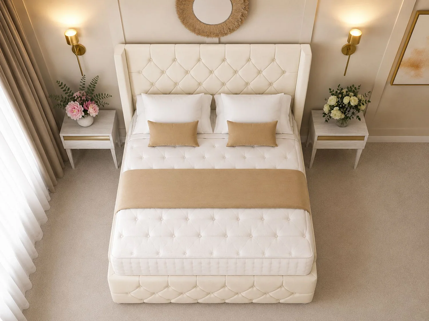 Deluxe Ottoman Upholstered Divan Bed with 54" Headboard (Cream) - 135 x 200 cm