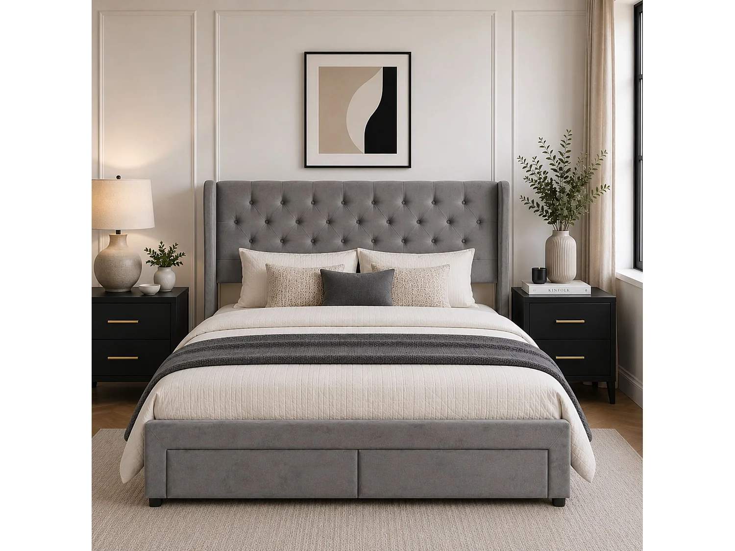 Westbury Upholstered Bed Frame with Drawers - Small Double Grey
