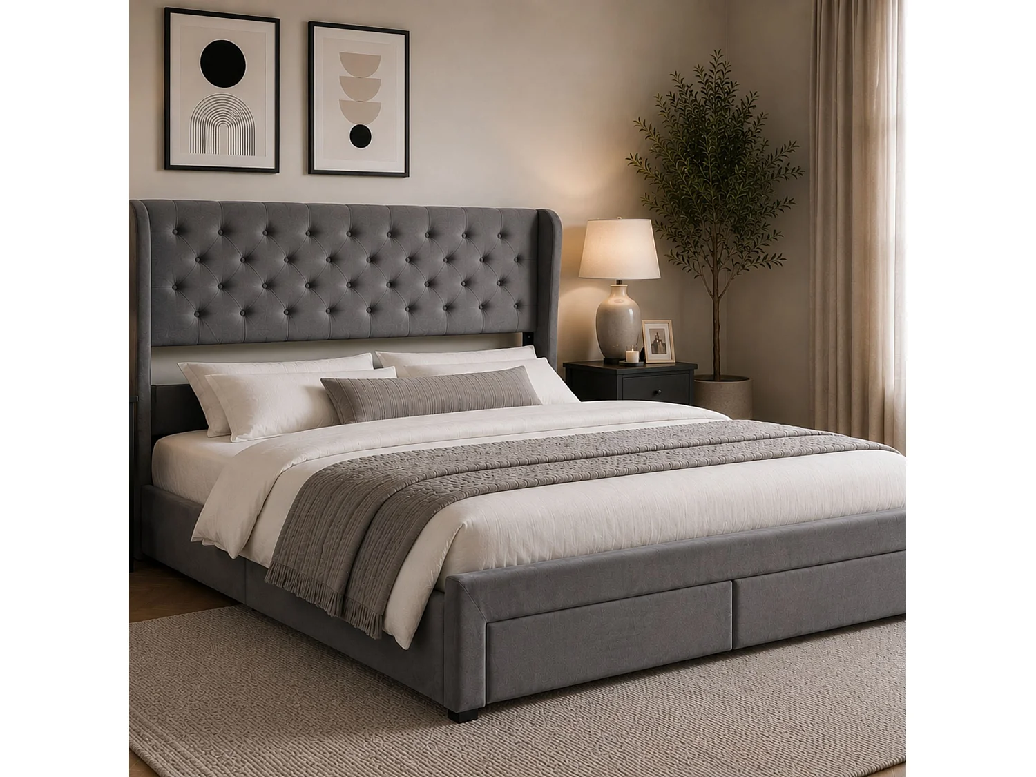 Westbury Upholstered Bed Frame with Drawers - Small Double Grey