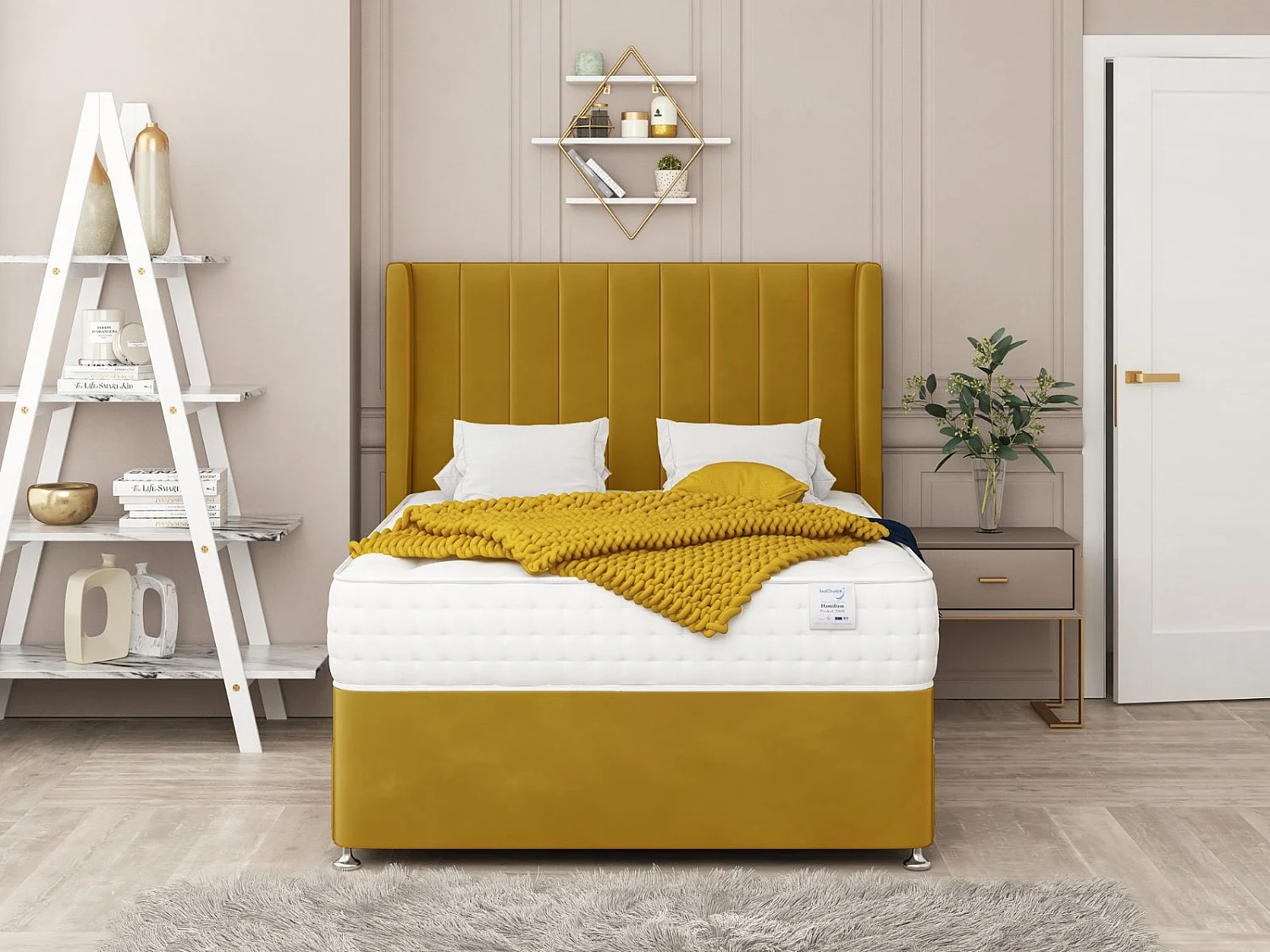 Regent Upholstered Divan Bed With 2 drawers, Mattress & 26"  Headboard (Mustard) - 135 x 200 cm