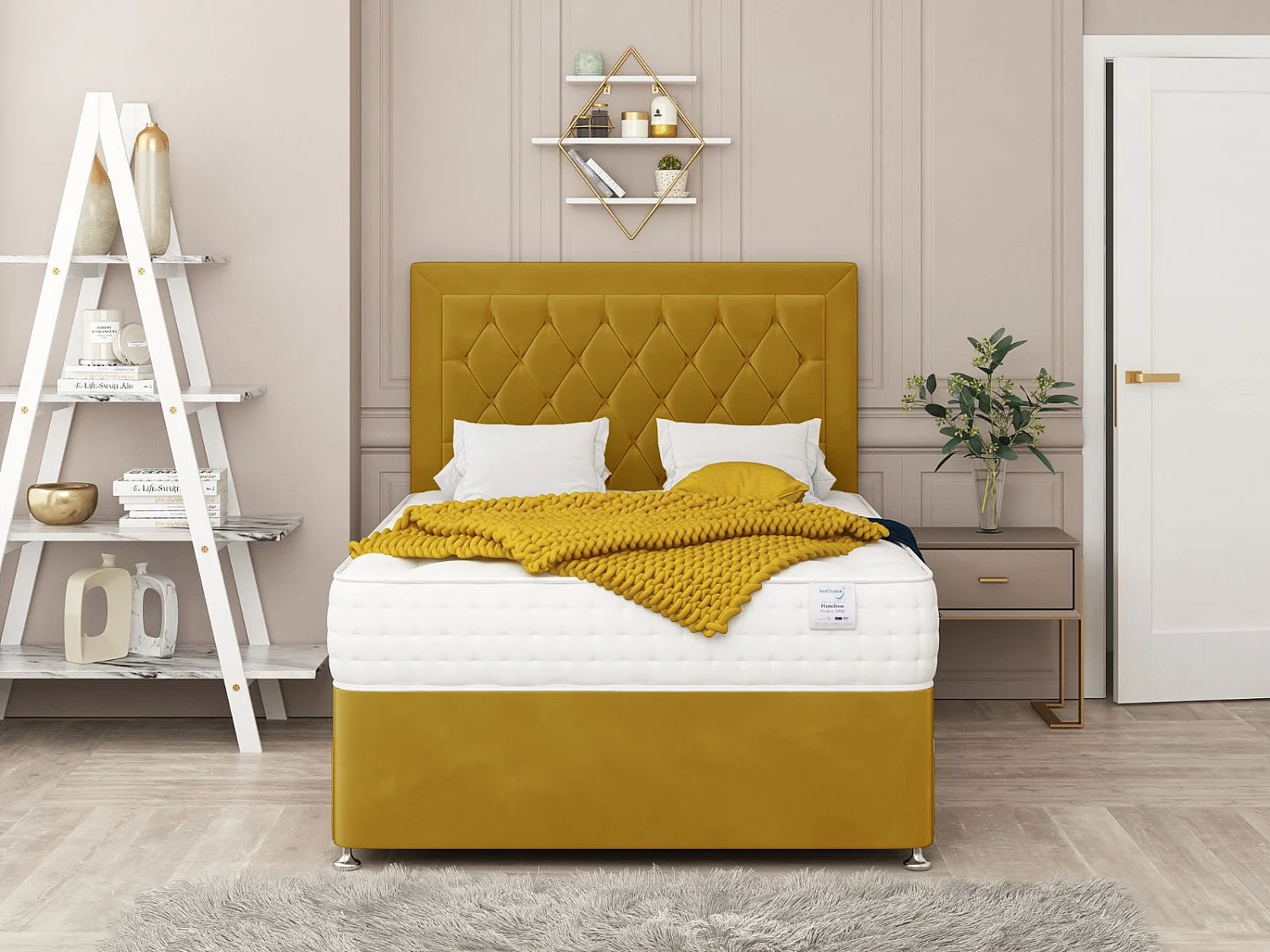 Montana Bed Set   No drawer - Includes Mattress & 26" Headboard - Plush Velvet (Mustard) - 120 x 190 cm