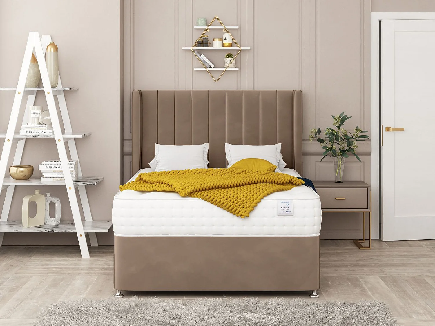 Regent Bed Set  No drawer - Includes Mattress & 26"  Headboard - Plush Velvet (Brown) - 180 x 200 cm