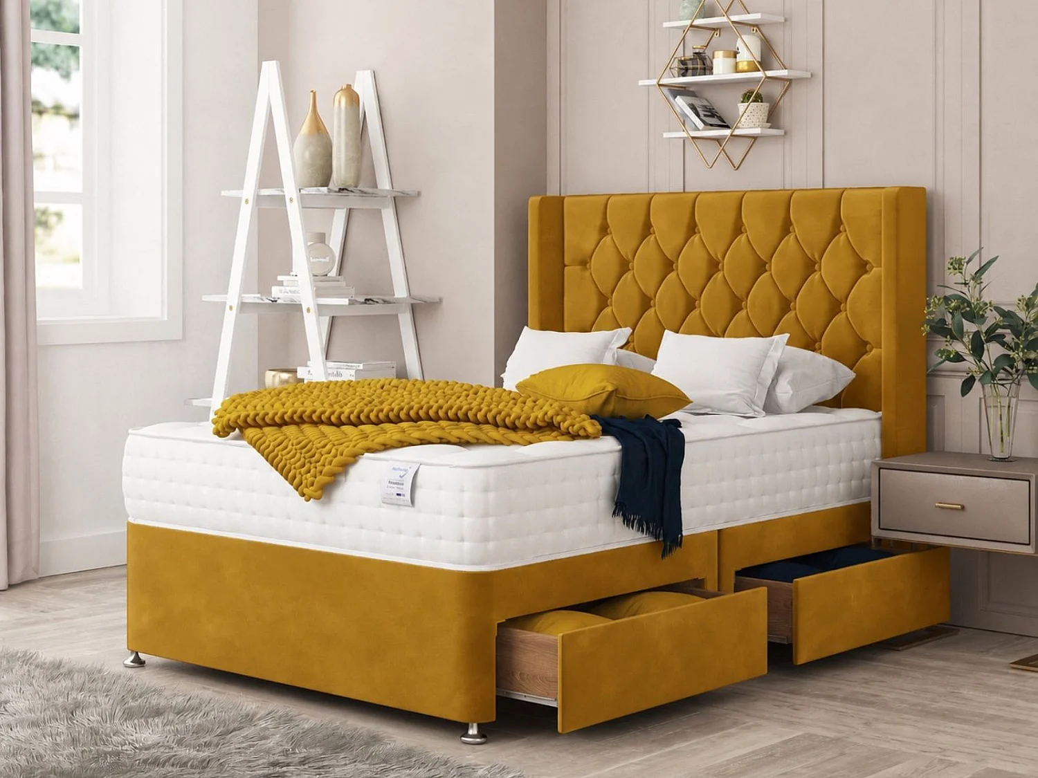 Monaco Upholstered Divan Bed With 2 drawers, Mattress & 26" Headboard (Mustard) - 120 x 190 cm