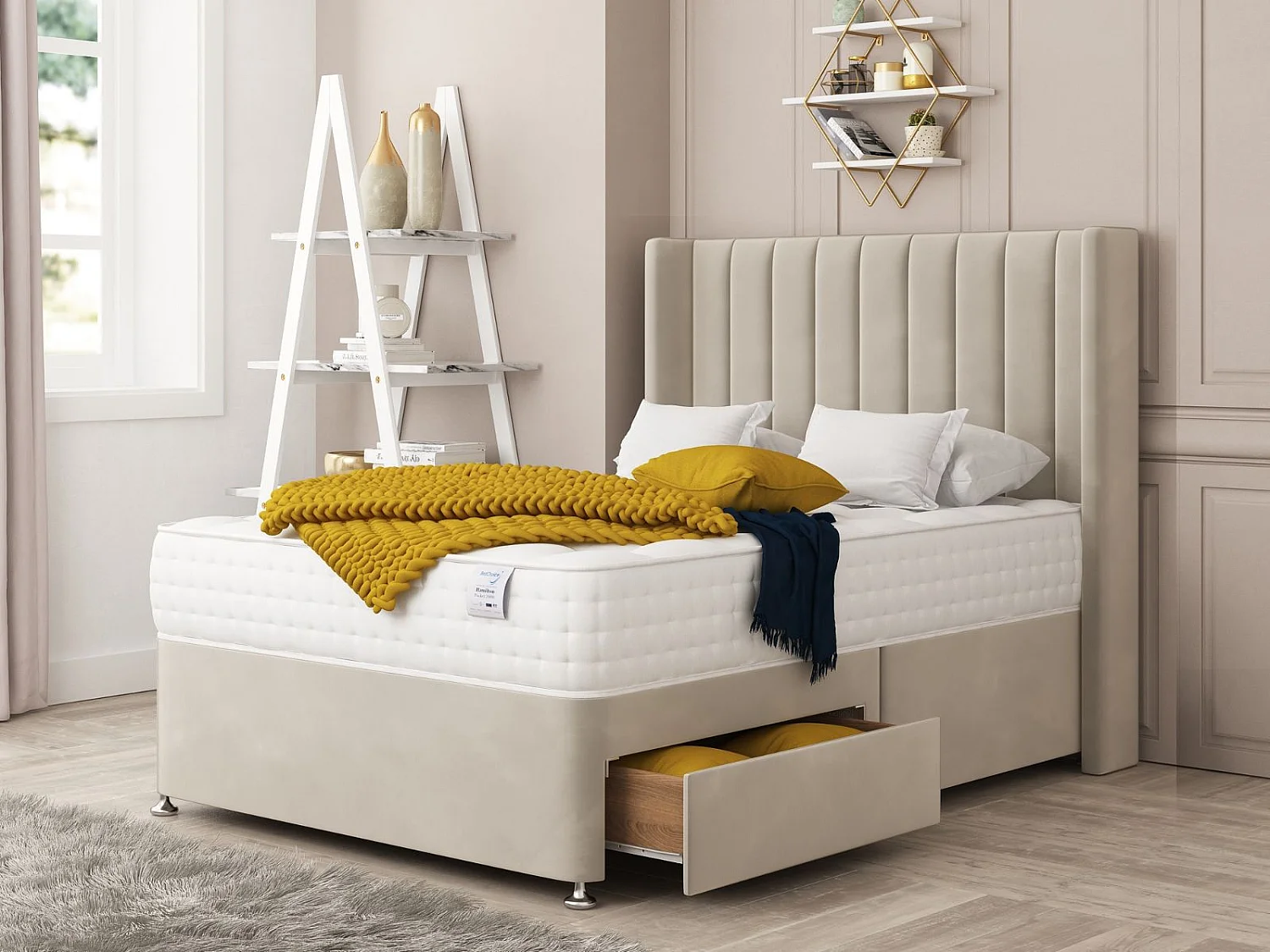 Regent Bed Set  No drawer - Includes Mattress & 26"  Headboard - Plush Velvet (Cream) - 180 x 200 cm