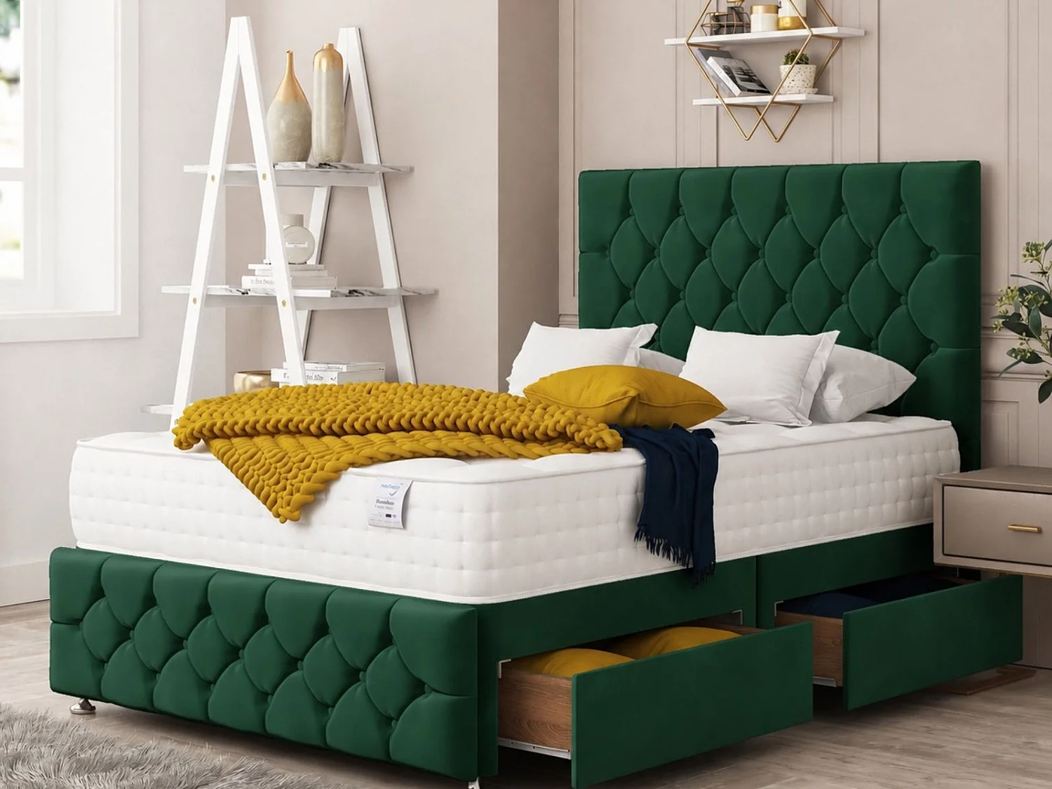 Regent Bed Set  No drawer - Includes Mattress & 26"  Headboard - Plush Velvet (Green) - 180 x 200 cm