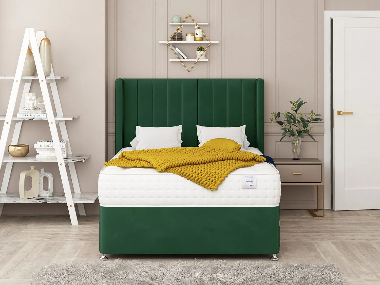 Regent Bed Set  No drawer - Includes Mattress & 26"  Headboard - Plush Velvet (Green) - 180 x 200 cm