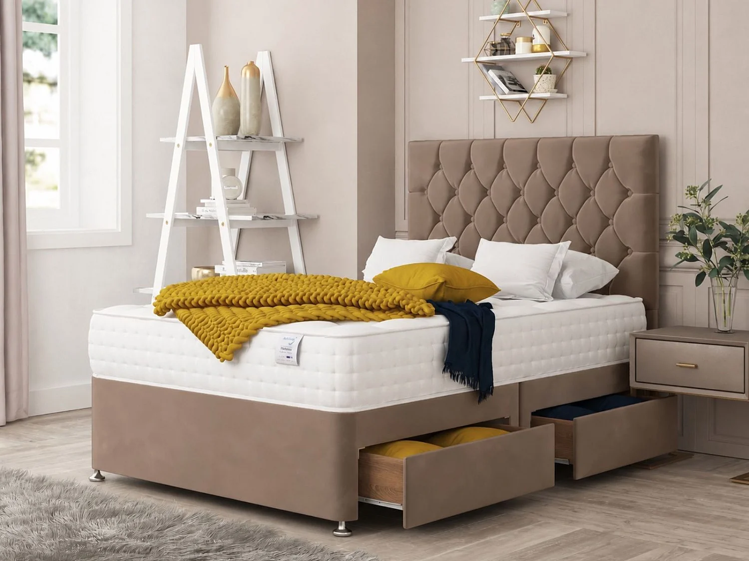 Monaco Upholstered Divan Bed With 2 drawers, Mattress & 26" Headboard (Brown) - 180 x 200 cm