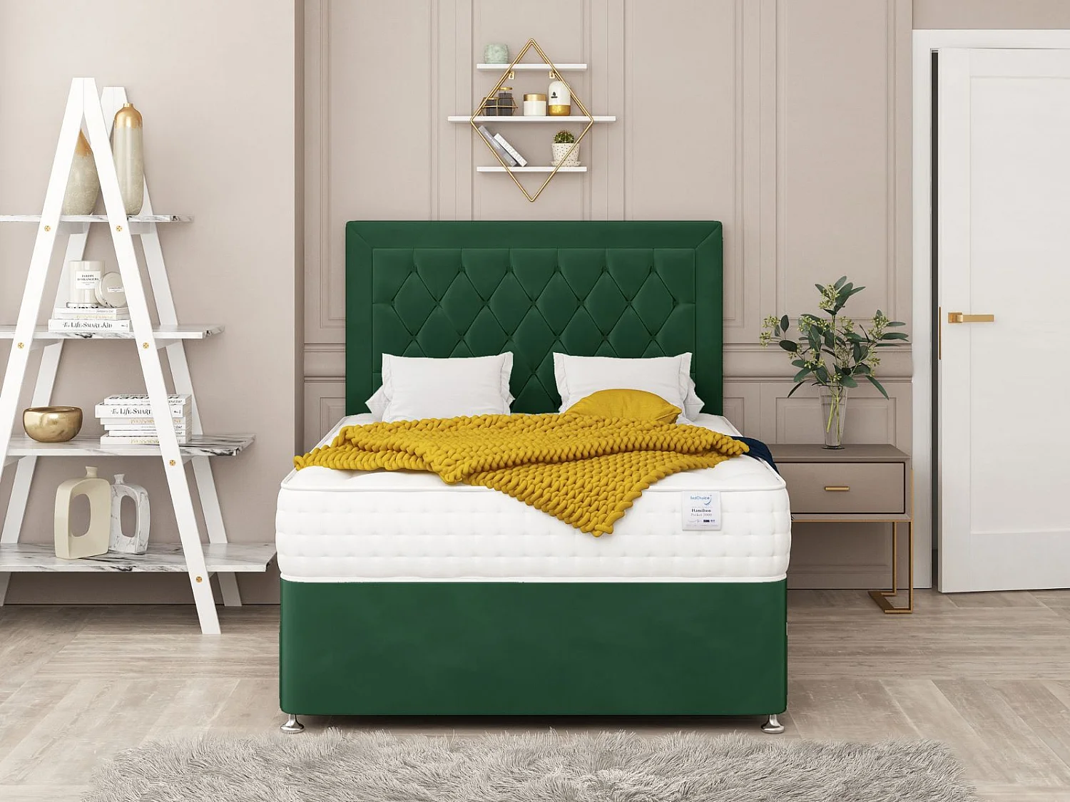 Montana Bed Set   No drawer - Includes Mattress & 26" Headboard - Plush Velvet (Green) - 180 x 200 cm