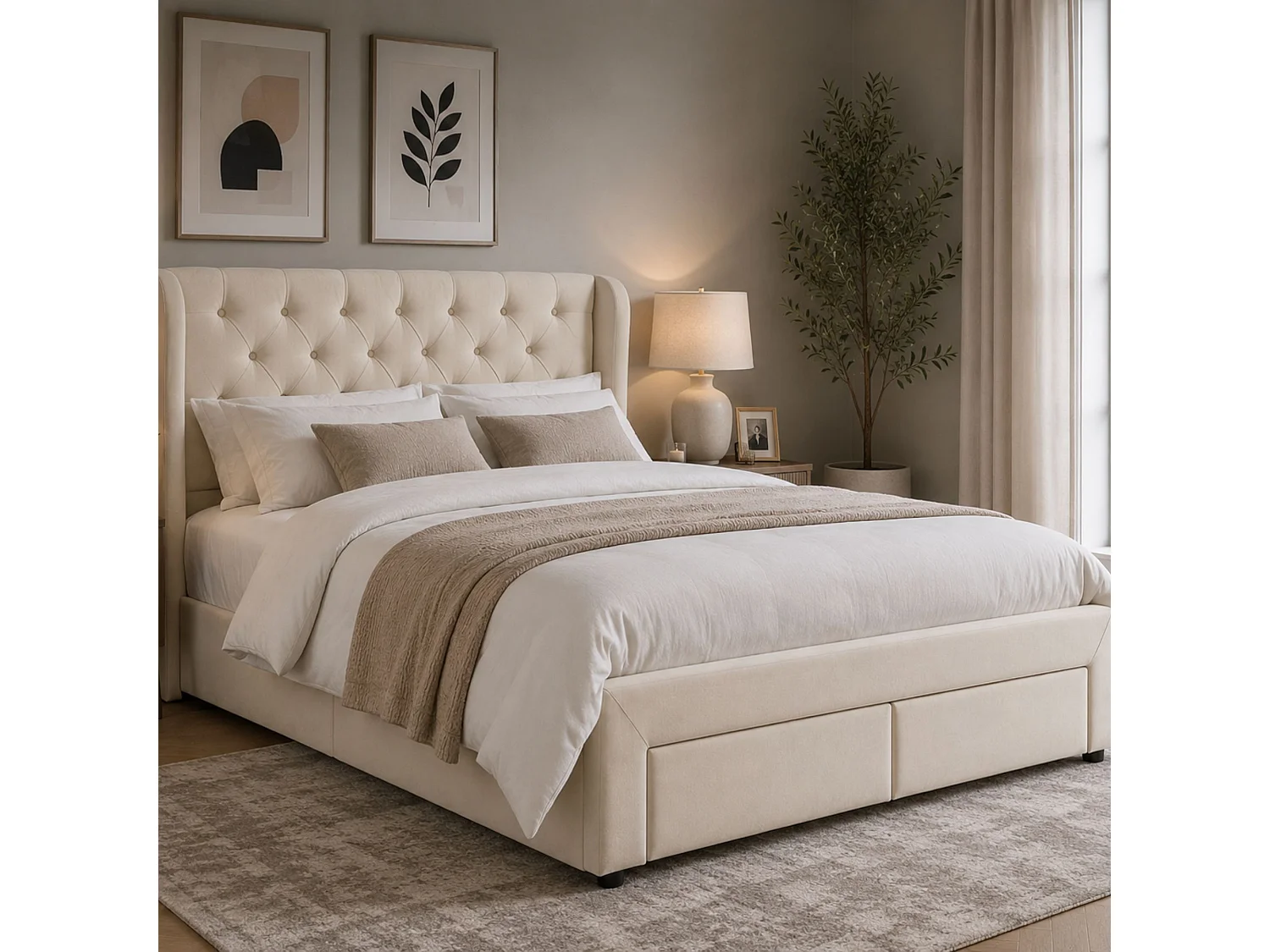 Westbury Upholstered Bed Frame with Drawers - Small Double Cream