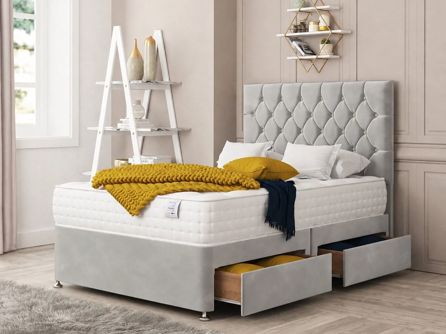 Monaco Upholstered Divan Bed With 2 drawers, Mattress & 26" Headboard (Silver) - 135 x 190 cm