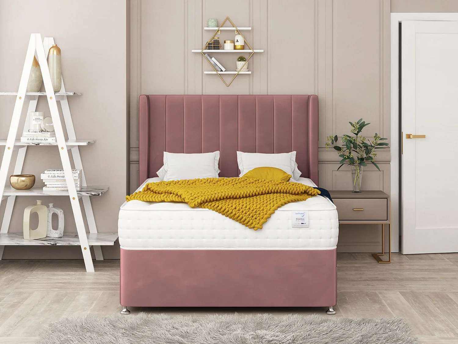 Regent Bed Set  No drawer - Includes Mattress & 26"  Headboard - Plush Velvet (Pink) - 180 x 200 cm