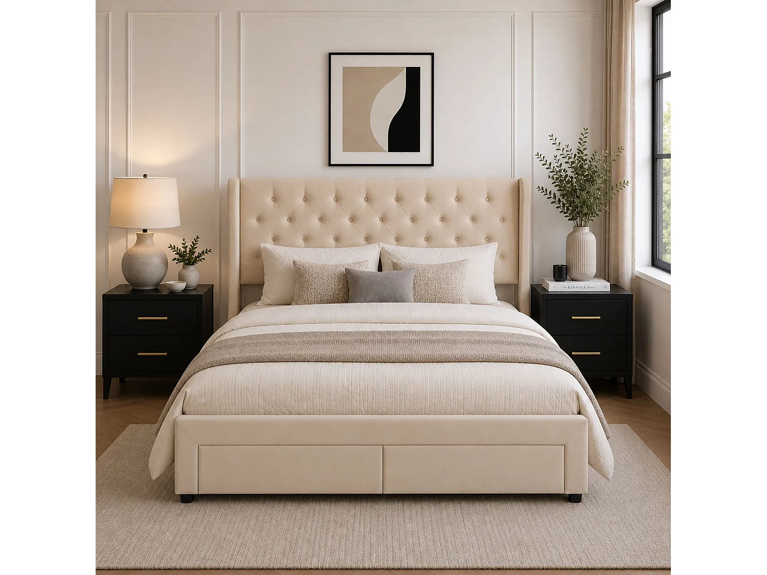 Westbury Upholstered Bed Frame with Drawers - Double Cream