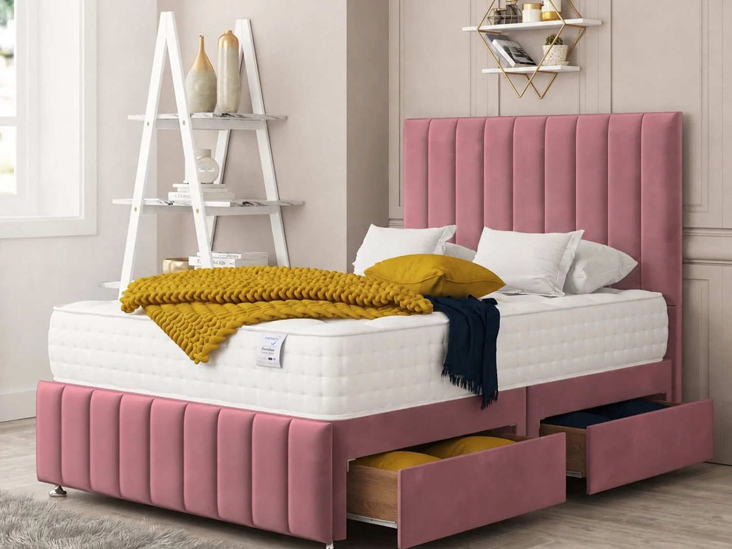 Moscow Divan Bed 2 drawers, Mattress & 54" Floor Standing Headboard (Pink) - 120 x 190 cm