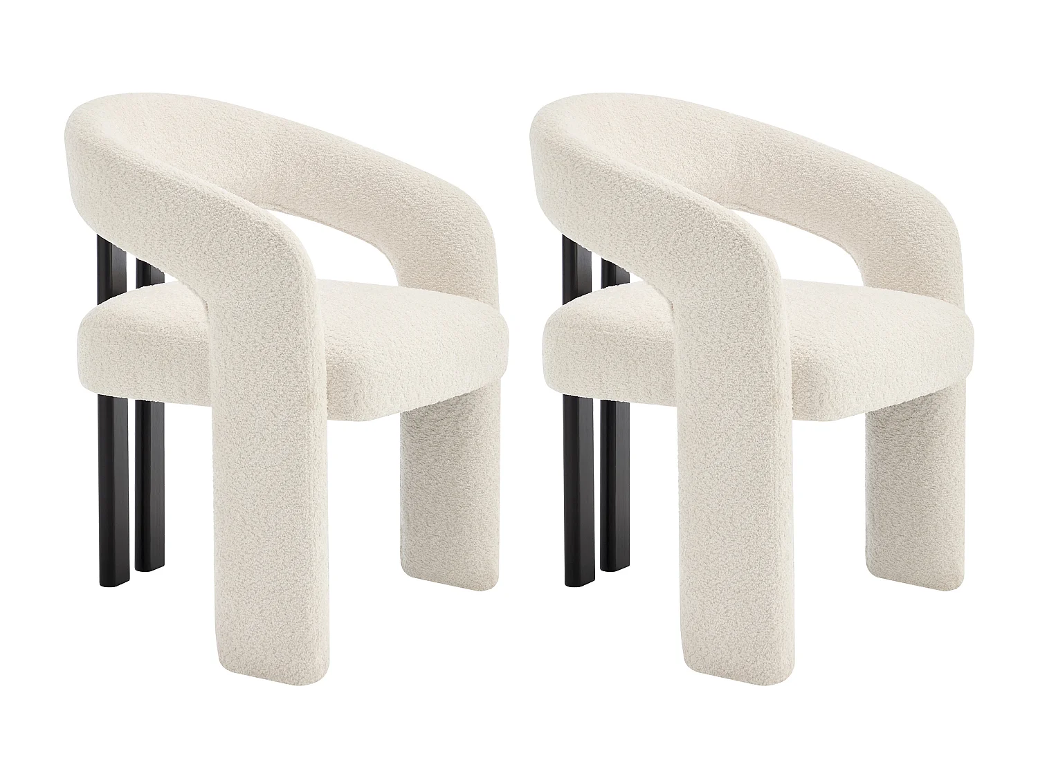 Lot de 2 chaises avec accoudoirs en tissu bouclette et bois d'hévéa noir - Blanc - NORETI