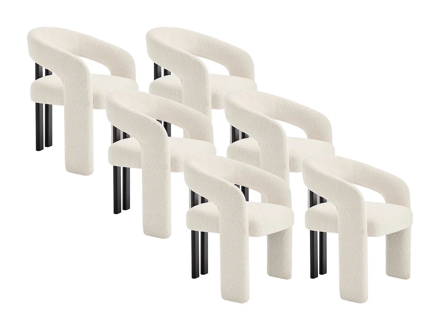 Lot de 6 chaises avec accoudoirs en tissu bouclette et bois d'hévéa noir - Blanc - NORETI