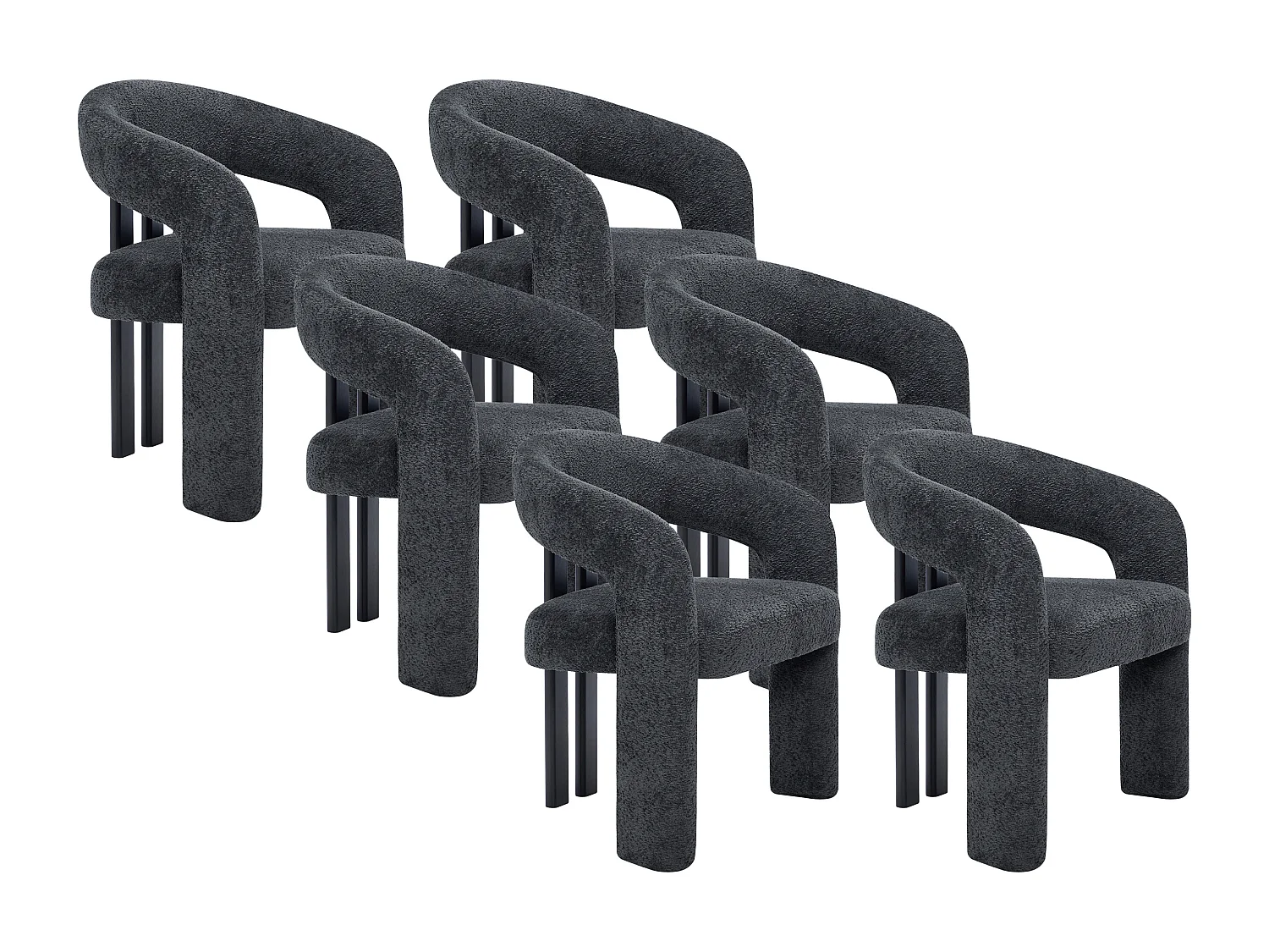 Lot de 6 chaises avec accoudoirs en tissu bouclette et bois d'hévéa noir - Anthracite foncé - NORETI