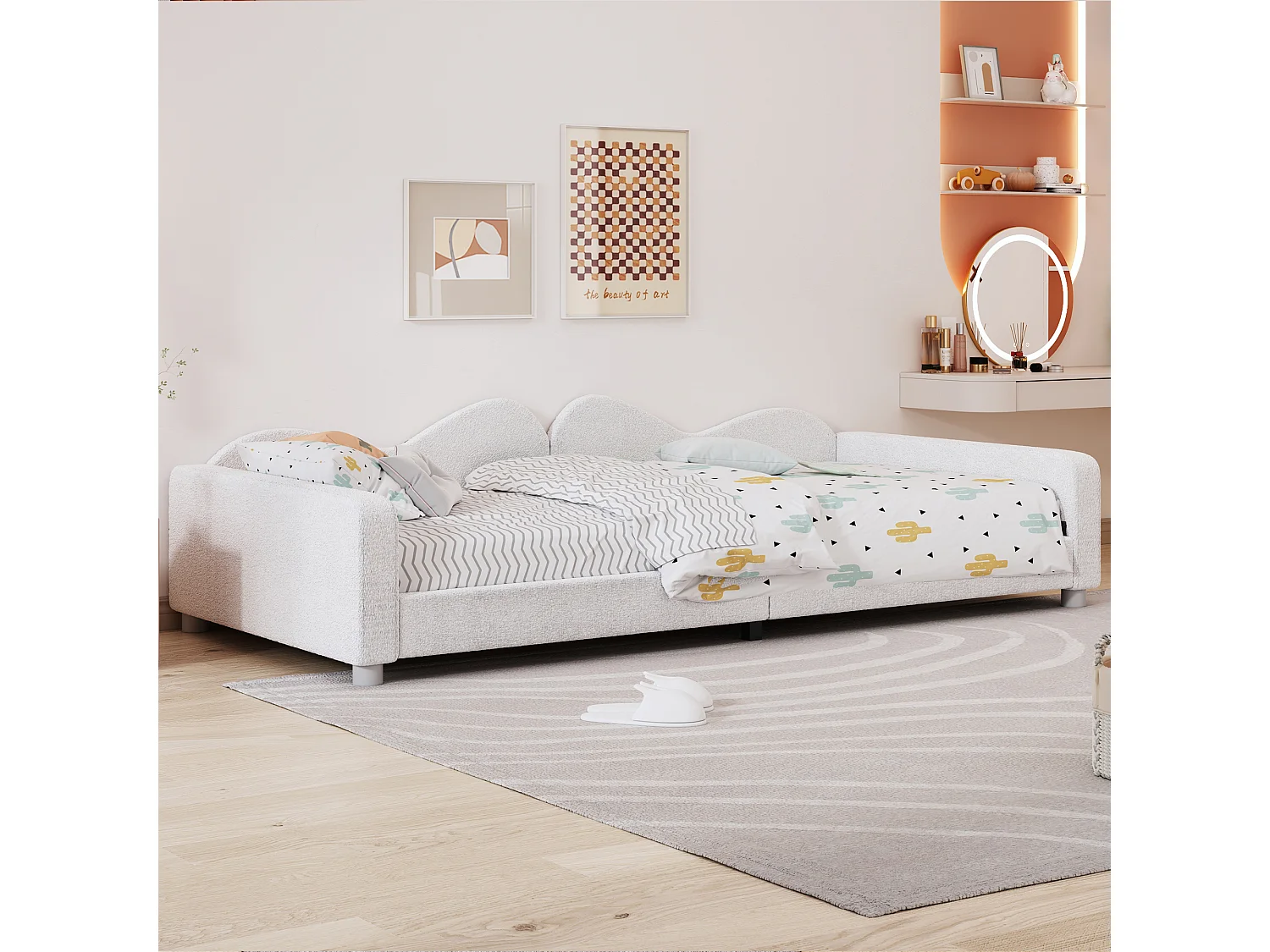 Lit enfants 214,5 x 95 x 42 cm - Canapé-lit convertible avec dossier et accoudoirs - En tissu Teddy - Sans matelas - Blanc - Modèle Teddy