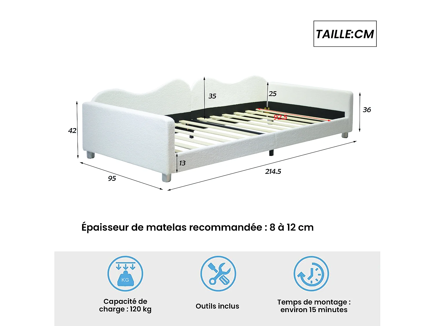 Lit enfants 214,5 x 95 x 42 cm - Canapé-lit convertible avec dossier et accoudoirs - En tissu Teddy - Sans matelas - Blanc - Modèle Teddy