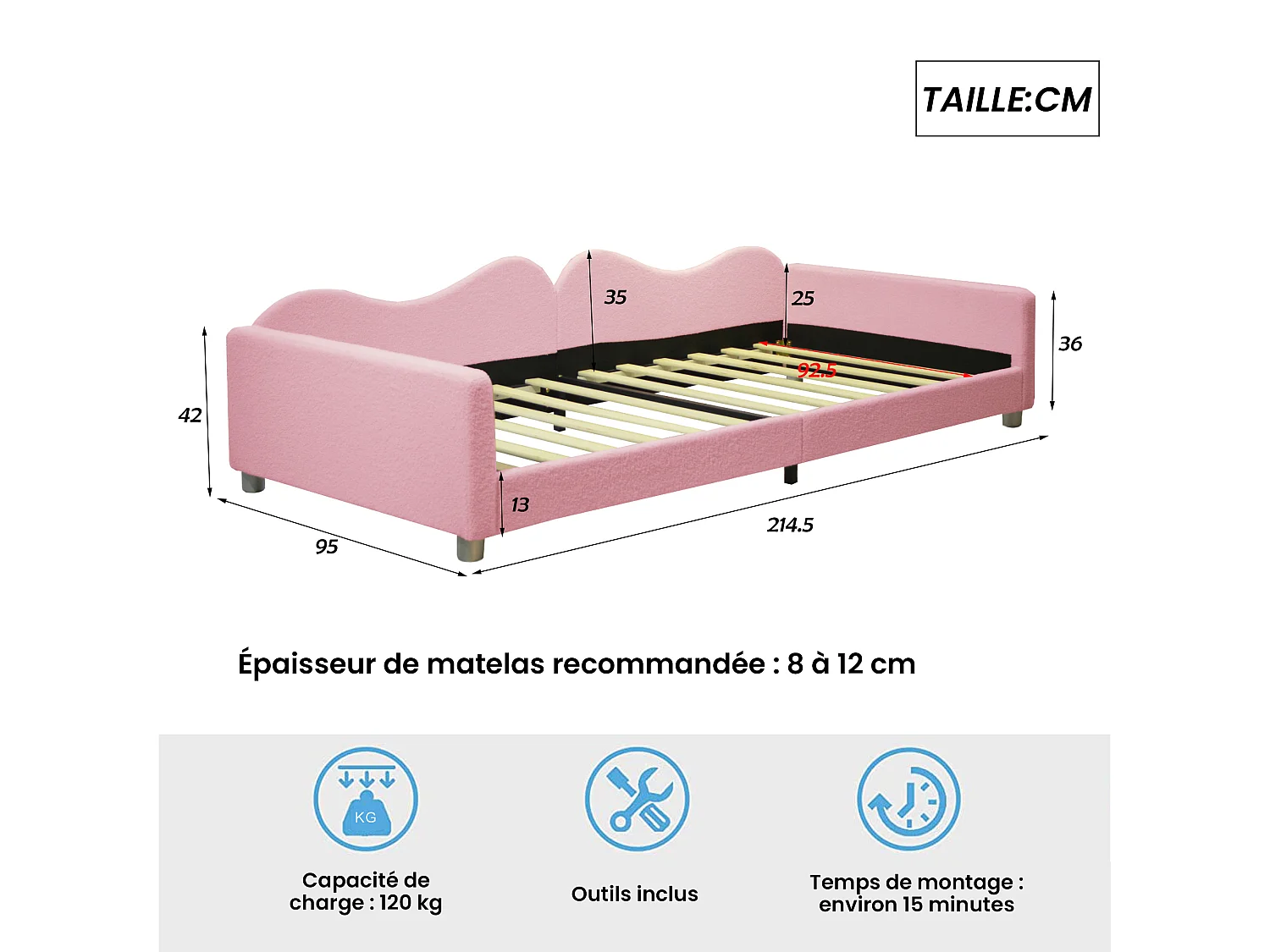 Lit enfants 90 x 200 cm - Canapé-lit convertible - En tissu Teddy - Sommier 12 lattes, charge 120 kg - Sans matelas - Rose