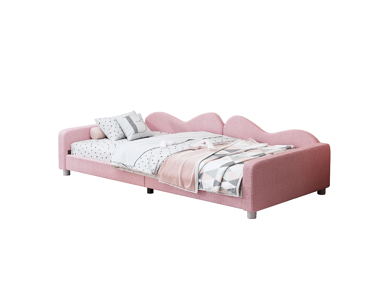 Lit enfants 90 x 200 cm - Canapé-lit convertible - En tissu Teddy - Sommier 12 lattes, charge 120 kg - Sans matelas - Rose