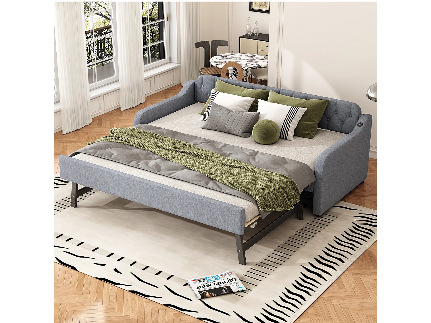 Lit 90 x 200 cm - Canapé-Lit avec Lit Gigogne Extensible et Prise USB - En Lin; MDF - Avec Pieds De Soutien, Sans Matelas - Gris - Modèle Oslo