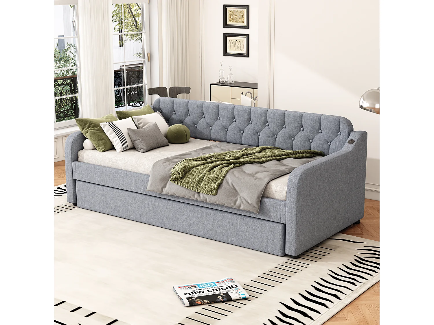Lit 90 x 200 cm - Canapé-Lit avec Lit Gigogne Extensible et Prise USB - En Lin; MDF - Avec Pieds De Soutien, Sans Matelas - Gris - Modèle Oslo